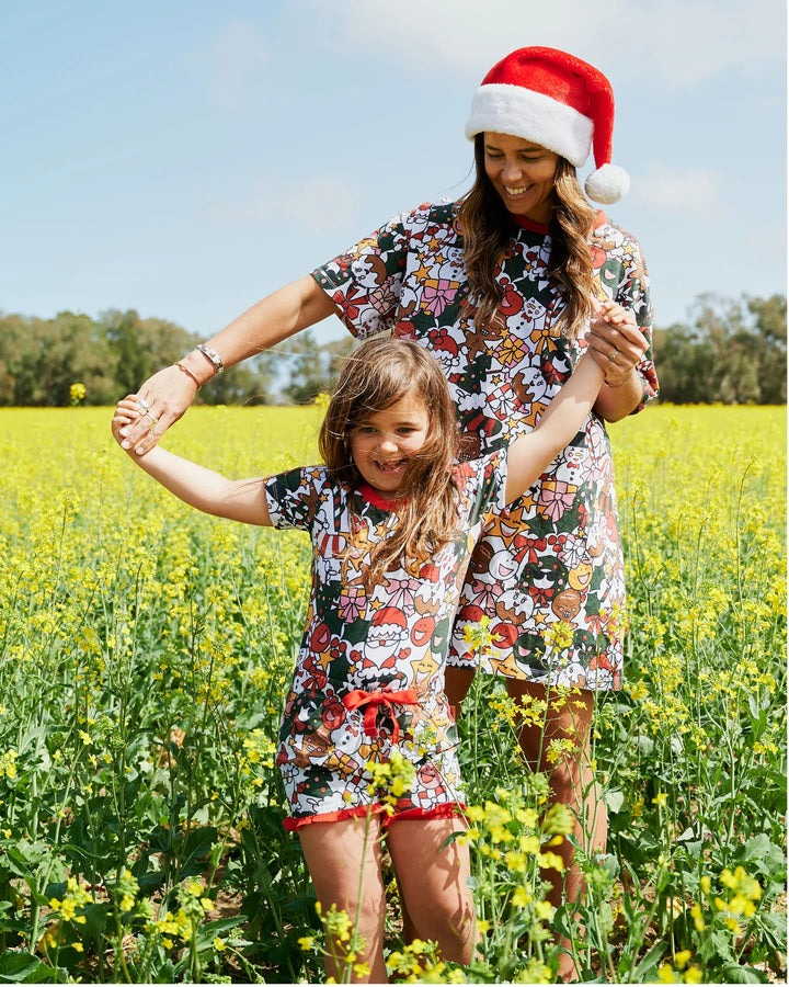 Kip & Co Christmas Party Organic Cotton Short Sleeve Tee & Frill Short Pyjama Set
